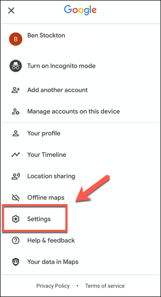 Toque em Configurações no menu do Google Maps