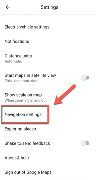 No menu de configurações do Google Maps, toque em Configurações de navegação