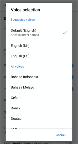 Selecione uma nova voz no menu Seleção de voz no Google Maps