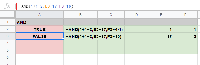 Uma resposta FALSA na célula A3 para três argumentos em uma planilha do Google Sheets.