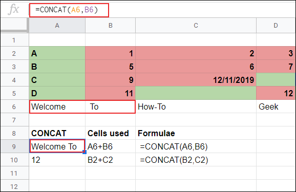 A fórmula CONCAT em uma planilha do Google Sheets combinando as células A6 e B6.