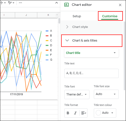 Para adicionar títulos de gráficos, clique na guia Personalizar no editor de gráficos do Planilhas Google e clique em Títulos de gráficos e eixos