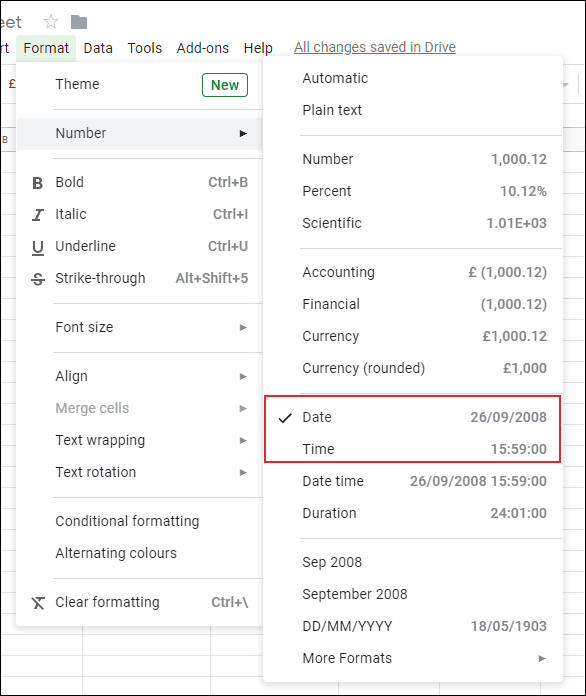 Para alterar uma fórmula usando a função AGORA para exibir apenas a hora ou data, clique em Formatar> Número e clique em Hora ou Data