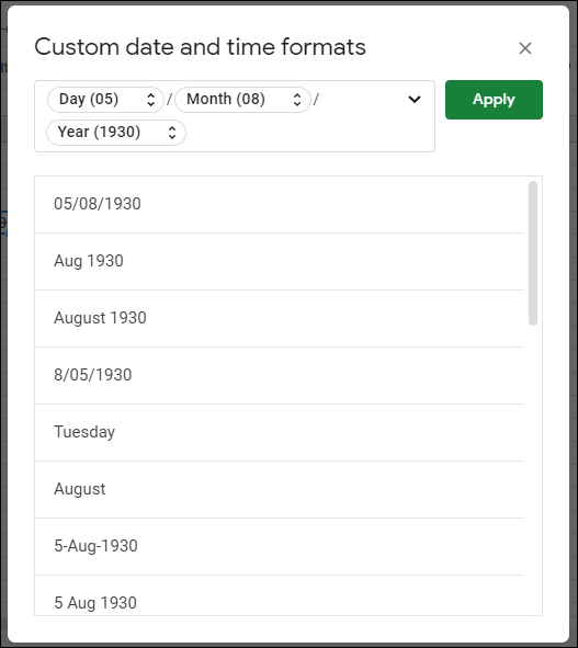Clique em Formatar> Número> Mais formatos> Mais formatos de data e hora para alterar a formatação de data ou hora no Planilhas Google