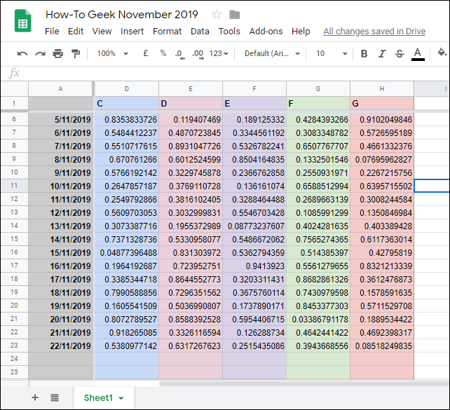 Um exemplo de colunas e linhas congeladas no Planilhas Google