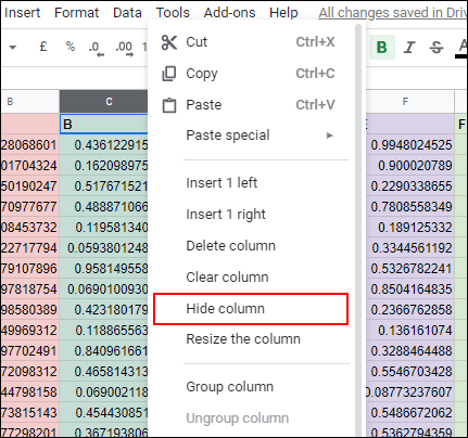 Clique com o botão direito no cabeçalho de uma coluna e, a seguir, clique em Ocultar coluna para ocultar essa coluna no Planilhas Google