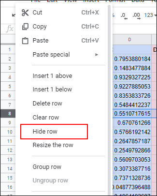 Para ocultar uma linha do Planilhas Google, clique com o botão direito do mouse no cabeçalho da linha e clique em Ocultar linha