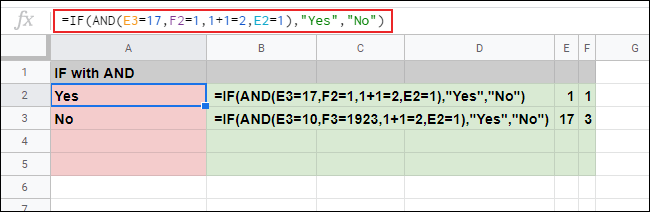 A função IF com uma fórmula AND aninhada usada para fornecer vários argumentos em uma planilha do Google Sheets.