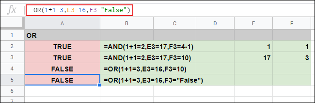 A função OR usada no Planilhas Google, sem argumentos corretos, resultando em uma resposta FALSE