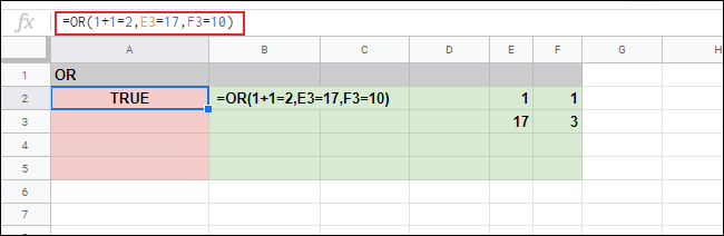 A função OR e três argumentos com um resultado VERDADEIRO em uma planilha do Google Sheets.