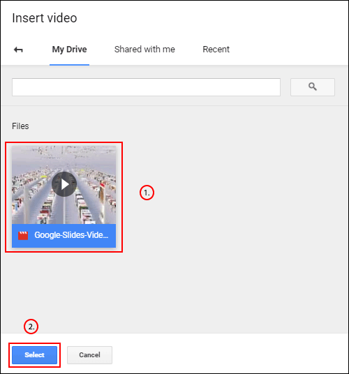 Na seção Google Drive do menu Inserir vídeo do Apresentações Google, selecione seu vídeo e clique em Selecionar