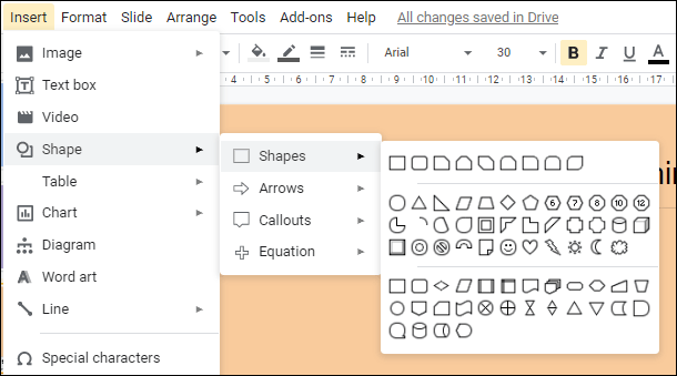 No Apresentações Google, clique em Inserir> Forma> Formas