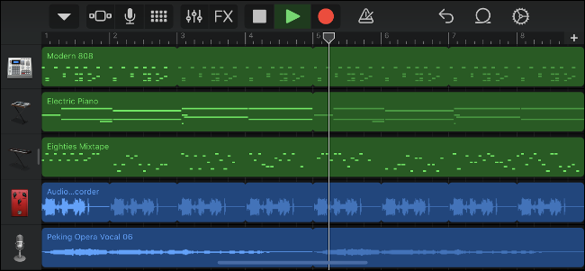 Visualização da linha do tempo do GarageBand