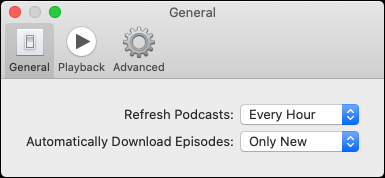 A guia "Geral" no aplicativo Podcasts.