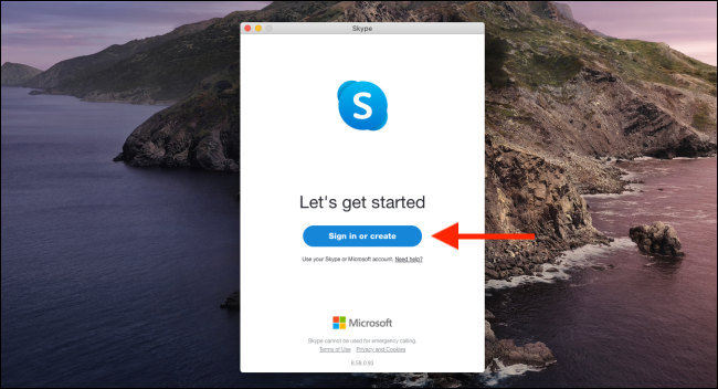 Clique em "Entrar ou Criar" para fazer login no Skype. 