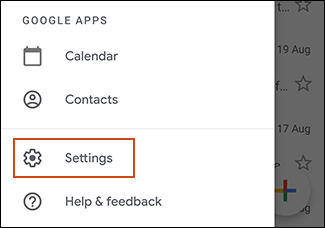 Botão de configurações no menu do Gmail