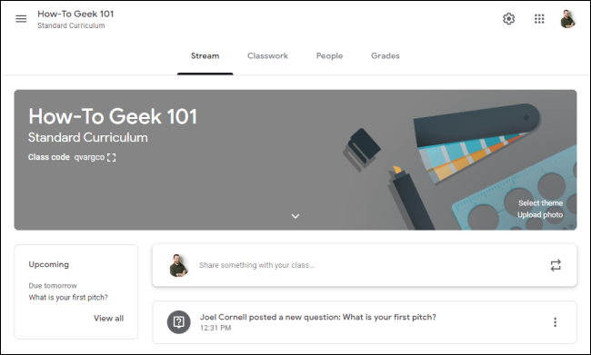 Interface do Google Classroom