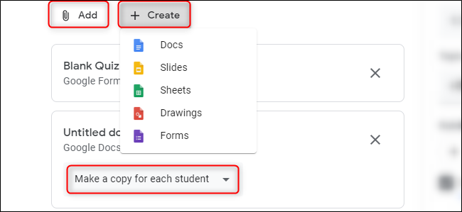 O menu de anexos "Criar" do Quiz do Google Classroom.