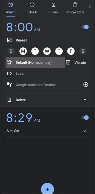 Configurações de alarme do Google Clock
