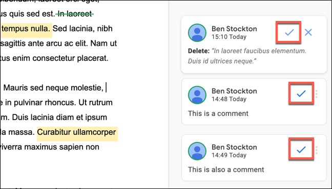 Para aceitar um comentário ou sugestão de edição no Google Docs, clique no ícone de visto na caixa de comentários correspondente.