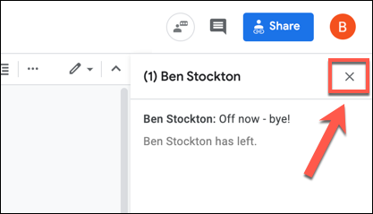 Para fechar o bate-papo do editor do Google Docs, pressione o ícone de cruz no canto superior direito.