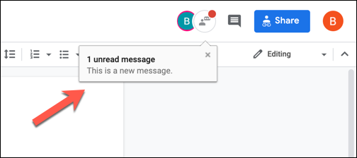 Um novo pop-up de notificação de mensagem de bate-papo do editor no Google Docs