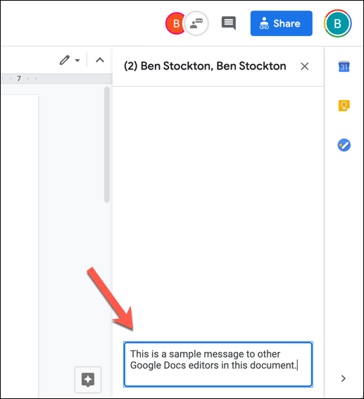 Para enviar uma mensagem no bate-papo do editor do Google Docs, digite uma mensagem na caixa na parte inferior do painel e pressione Enter.