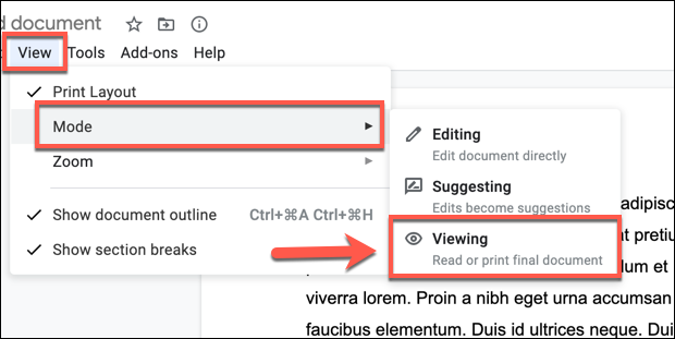 Para visualizar um documento do Google Docs no modo de Visualização, clique em Visualizar> Modo> Visualização no menu superior.