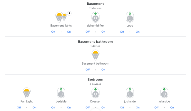 Google Home mostrando dispositivos inteligentes em um porão e um quarto.
