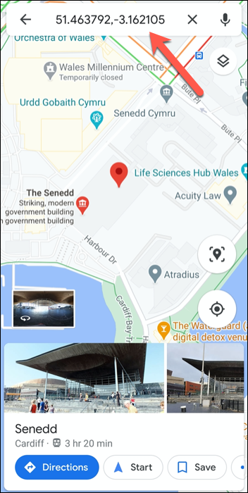 As coordenadas GPS para o Parlamento galês, Reino Unido, no aplicativo Google Maps no Android.