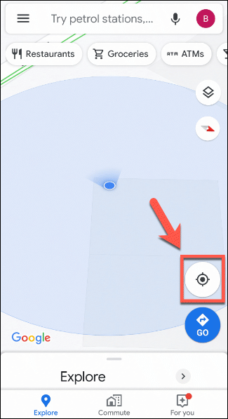 Pressione o ícone do alvo na parte inferior direita para mostrar sua localização no Google Maps