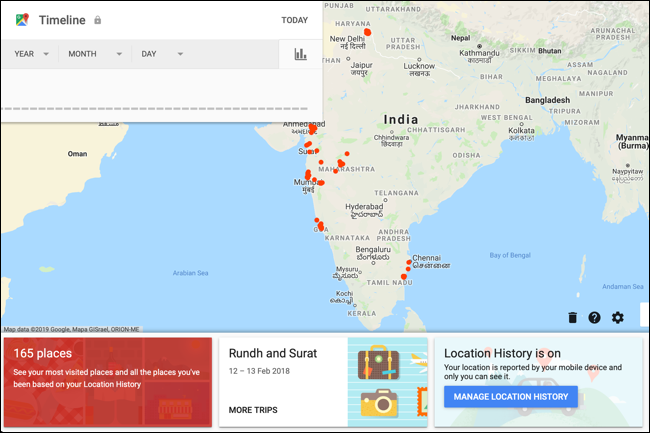 Visualização da linha do tempo do Google Maps para sua conta, mostrando o mapa de seu país