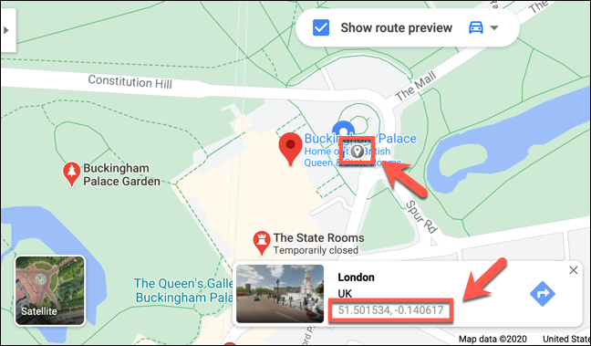As coordenadas do Palácio de Buckingham, Londres, mostradas no site do Google Maps