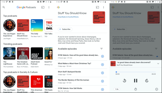 O aplicativo Google Podcasts em um telefone Android. 