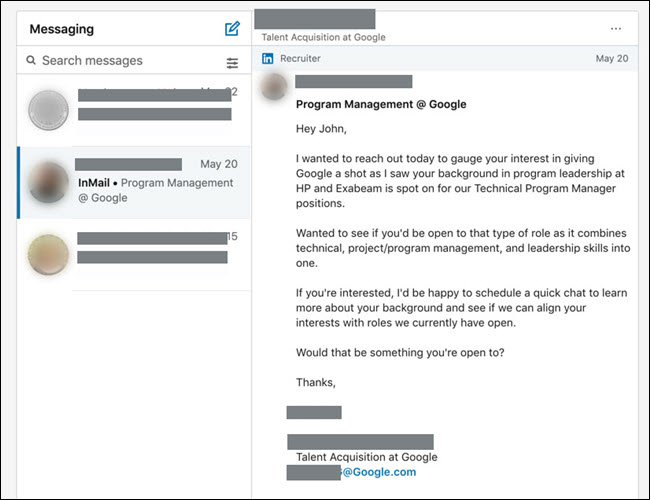 Mensagem do LinkedIn de um recrutador do Google pedindo um bate-papo sobre empregos.