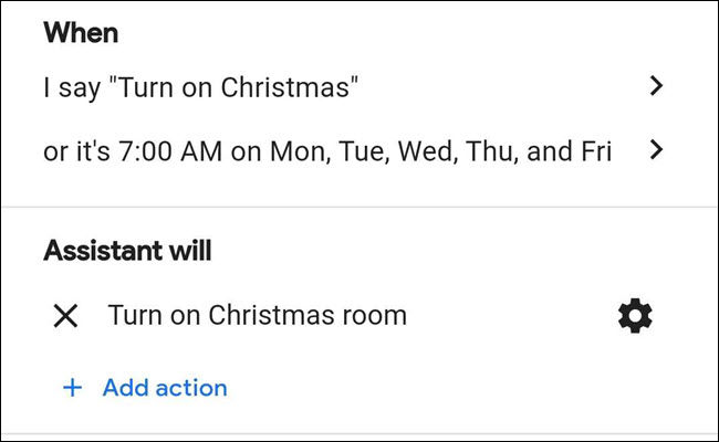 Rotina de luzes de Natal no Google Assistente.