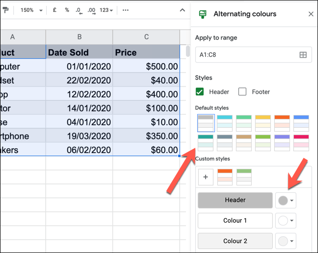 O painel "Cores alternadas" no Planilhas Google.