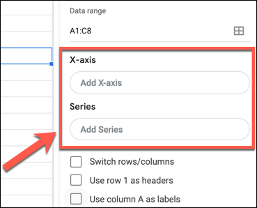 Clique em "Adicionar eixo X" ou "Adicionar série" para adicionar um eixo X ou Y a um gráfico do Planilhas Google ou gráfico no painel Editor de gráficos.