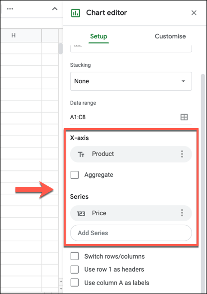 Os eixos usados ​​para um gráfico do Planilhas Google serão listados nas colunas "Eixo X" e "Série" na guia "Configuração" do painel "Editor de gráficos".