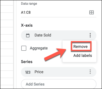 Para remover um rótulo de um gráfico no Planilhas Google, clique no ícone de menu de três pontos ao lado de uma coluna listada nas categorias "Eixo X" ou "Série" e pressione a opção "Remover".