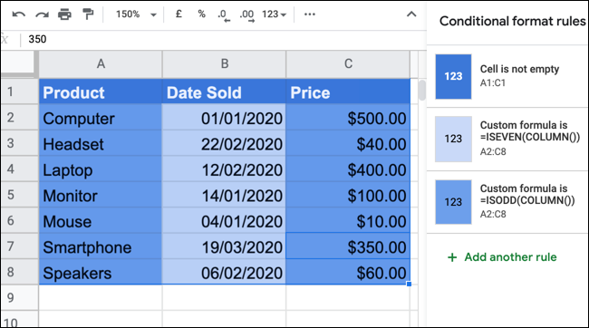 Um esquema de cores alternadas em azul no Planilhas Google.