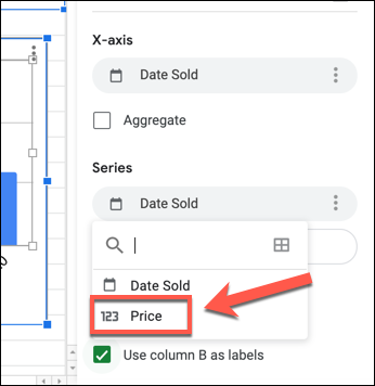 Para alterar o eixo Y em um gráfico do Planilhas Google, selecione a primeira coluna listada na categoria "Série" na guia "Configuração" do painel Editor de gráficos e selecione uma coluna de substituição.