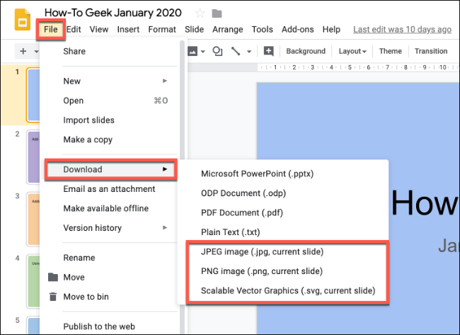 Clique em Arquivo> Baixar no Apresentações Google e selecione um formato de arquivo de imagem para salvar um slide individual como uma imagem