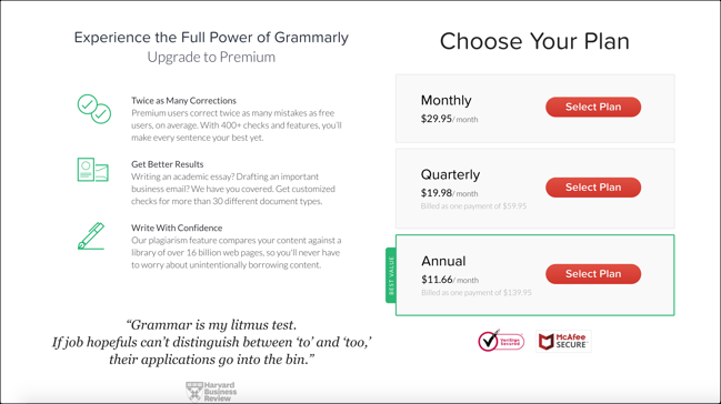 Uma lista de Planos de Preços Grammarly