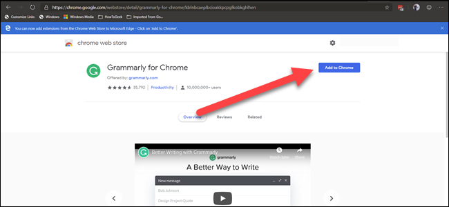 Extensão do Chrome Web Gramarly com seta apontando para o botão "adicionar ao cromo"