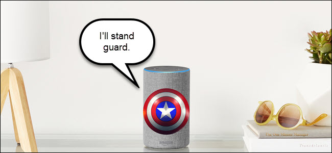 Amazon Echo com escudo do Capitão América, declarando que ficará de guarda.