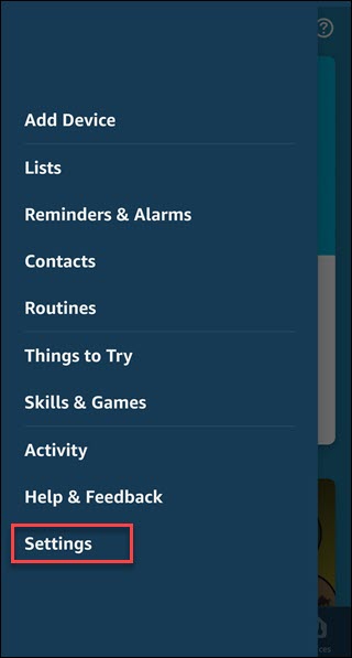 Alexa app com caixa em torno da opção Configurações.