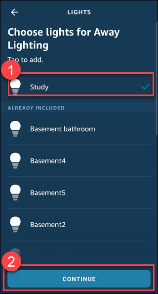 Aplicativo Alexa com uma caixa ao redor de uma luz para adicionar e o botão continuar.