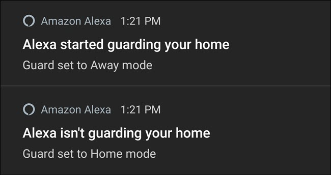 Notificações Alexa ativando e desativando a proteção.