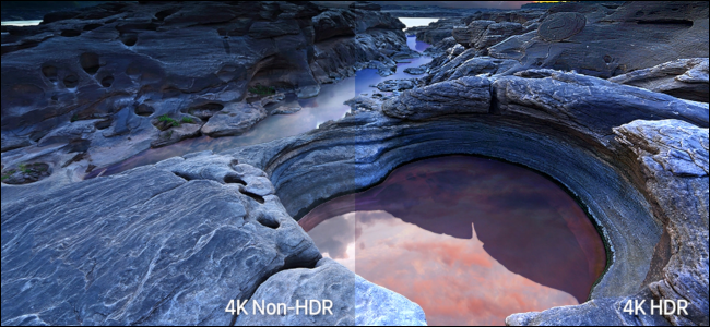 Uma cena rochosa à beira-mar mostrando a diferença de cores entre 4K não HDR e 4K HDR.